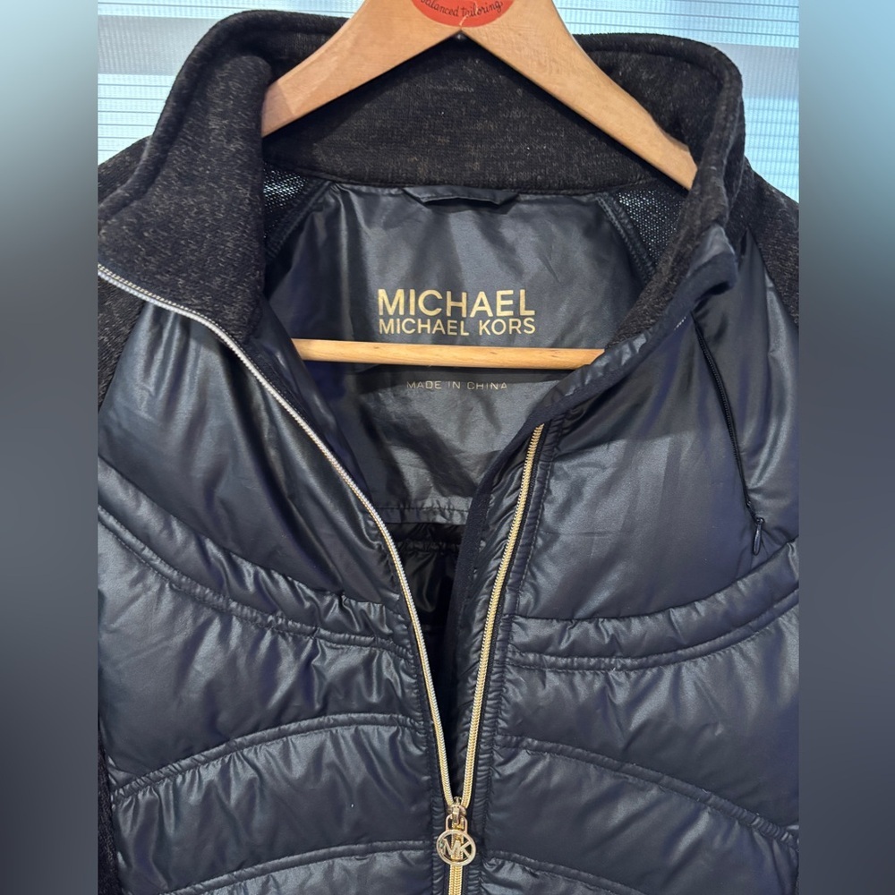 Michael Kors Black brown Hi low down Puffer Jacket with Gold MK Accents - Picture 12 of 16